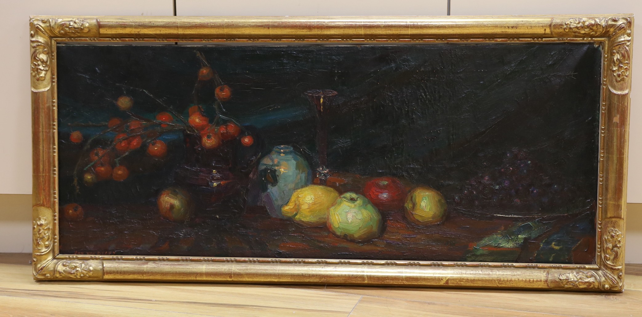 Jan Van Delft, oil on canvas, Still life of fruit on a table top, signed, 39 x 98cm